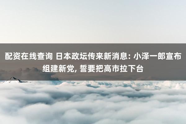 配资在线查询 日本政坛传来新消息: 小泽一郎宣布组建新党, 誓要把高市拉下台